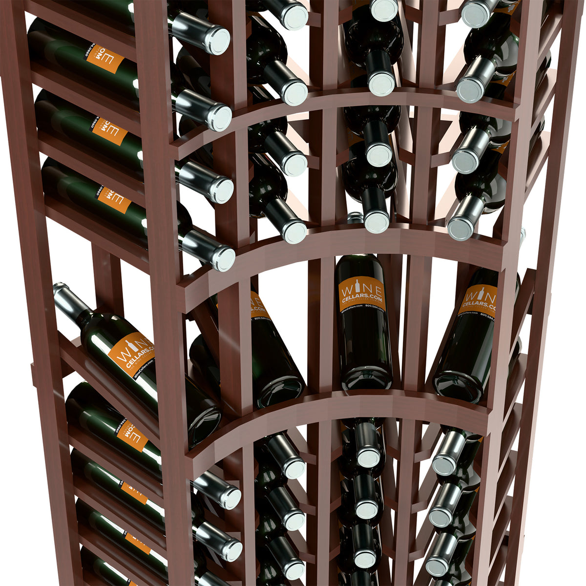 Close-up of dark wood wine rack with bottle neck holders and wine bottles