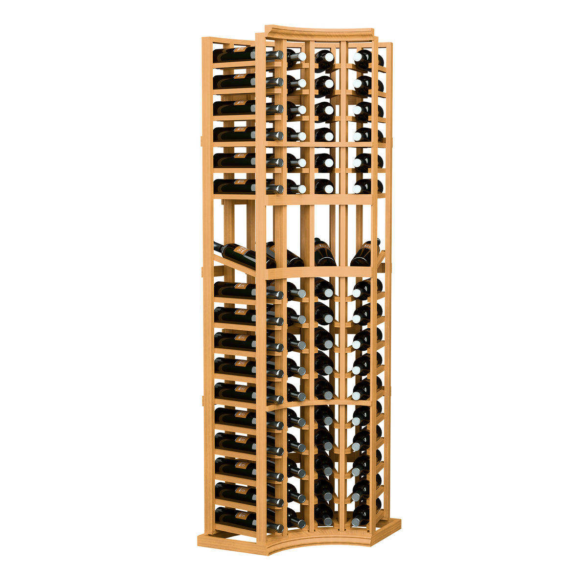 4-column curved wine rack with natural wood frame and bottle cubbies