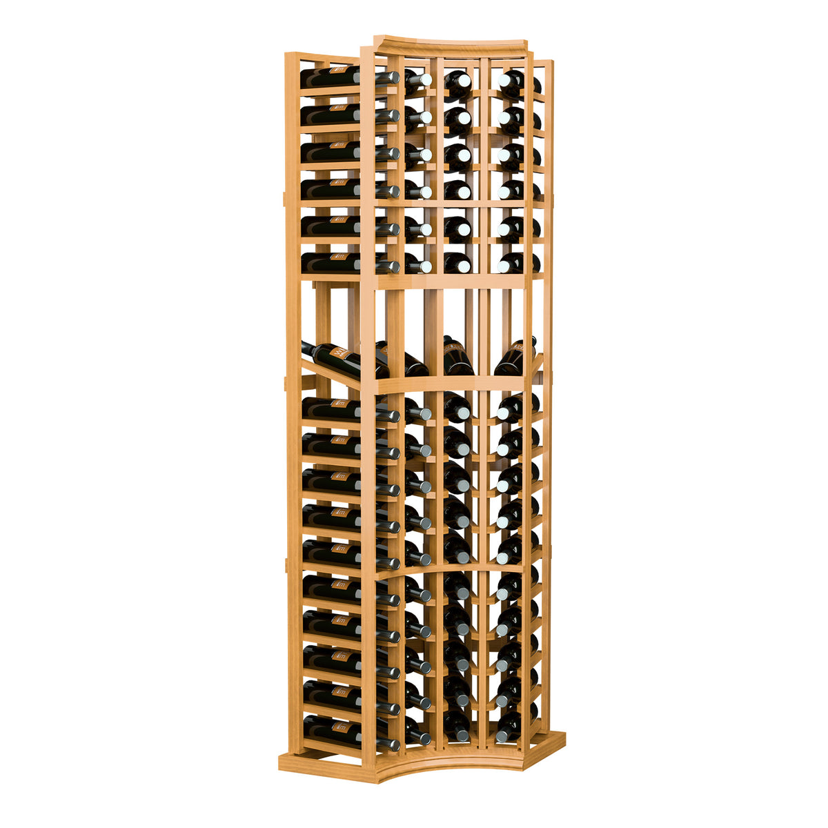 4-column curved corner wine rack in natural wood with bottle cubbies