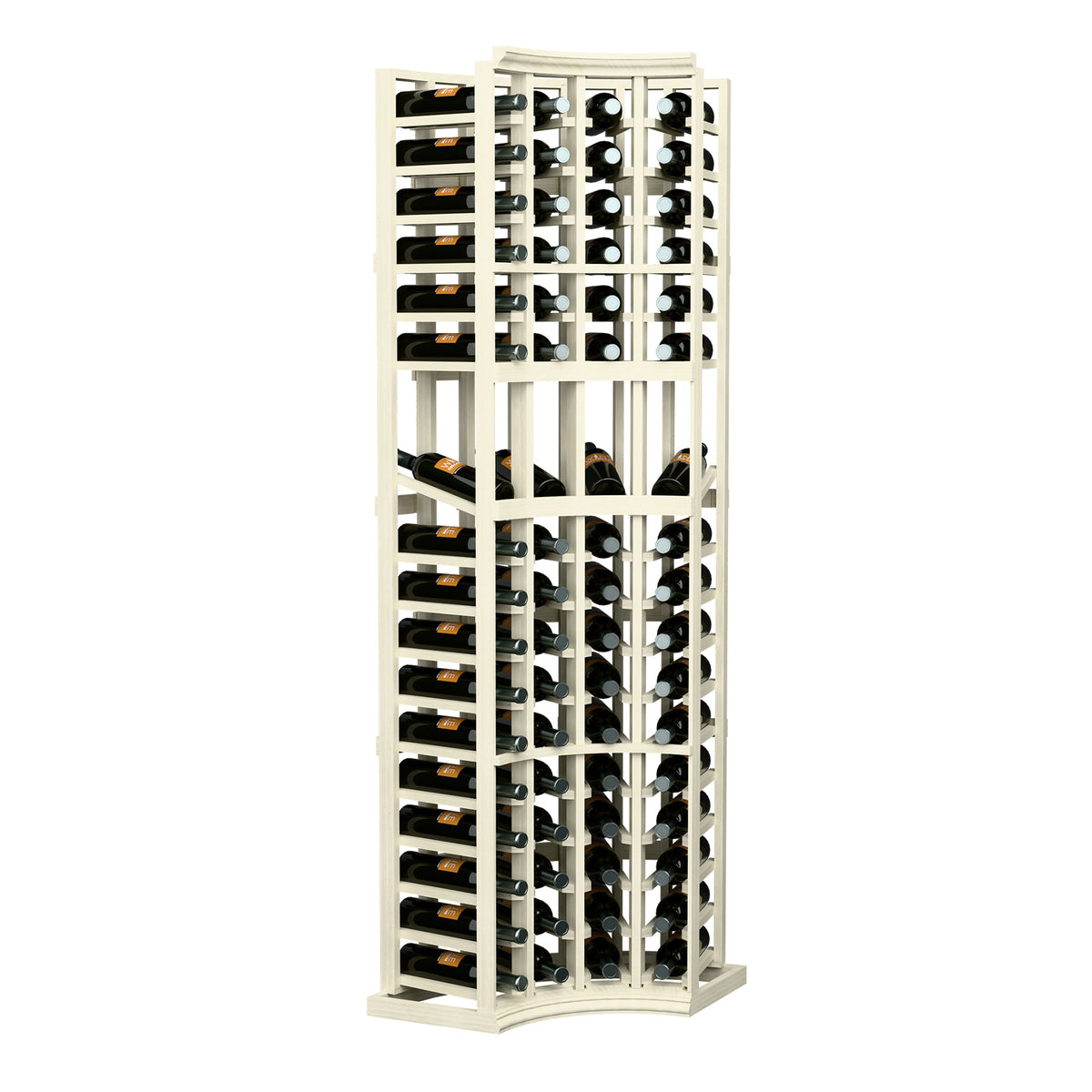 4-column curved wine rack with white wood frame and bottle cubbies