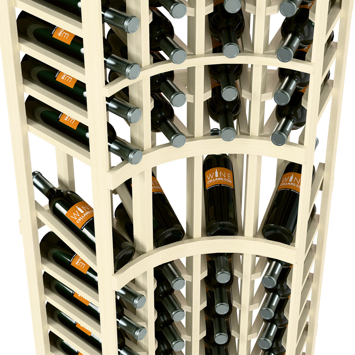 Close-up of white wood wine rack with bottle neck holders and wine bottles