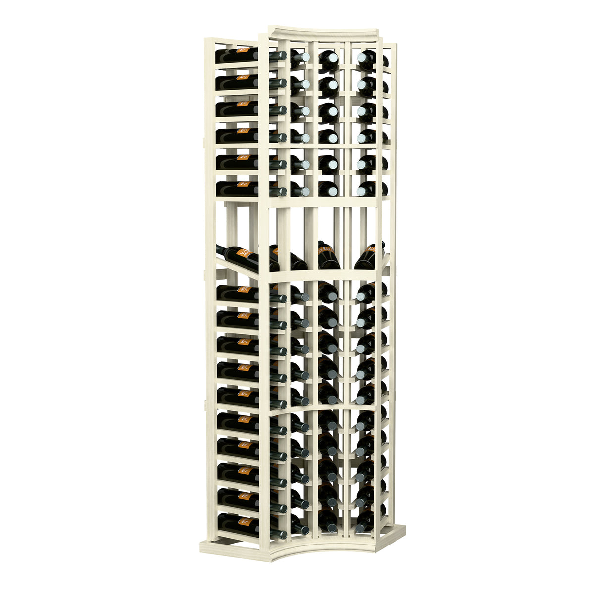 4-column curved corner wine rack in white wood with bottle cubbies