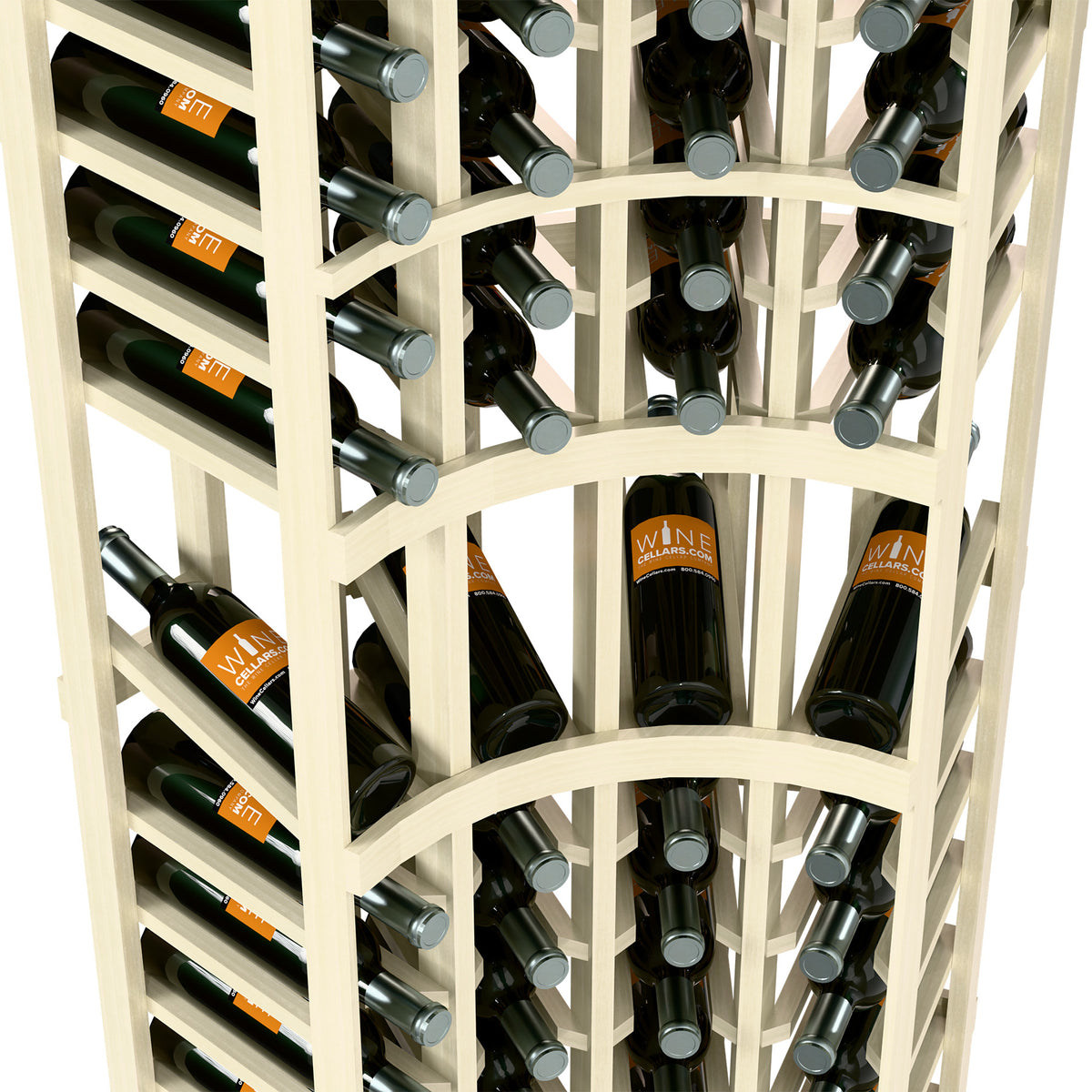 Close-up of white wood wine rack corner section with bottle neck holders