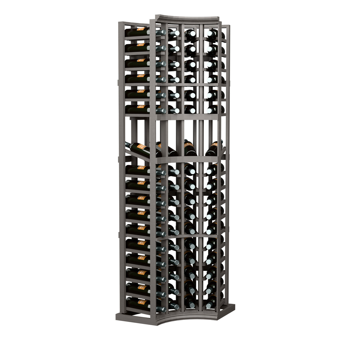 Curved corner wine display rack with vertical bottle slots, dark gray frame