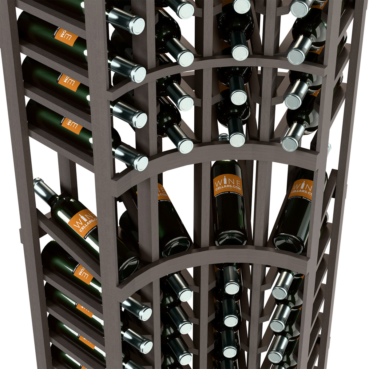 Curved corner wine rack close-up with bottles in angled holders and dividers