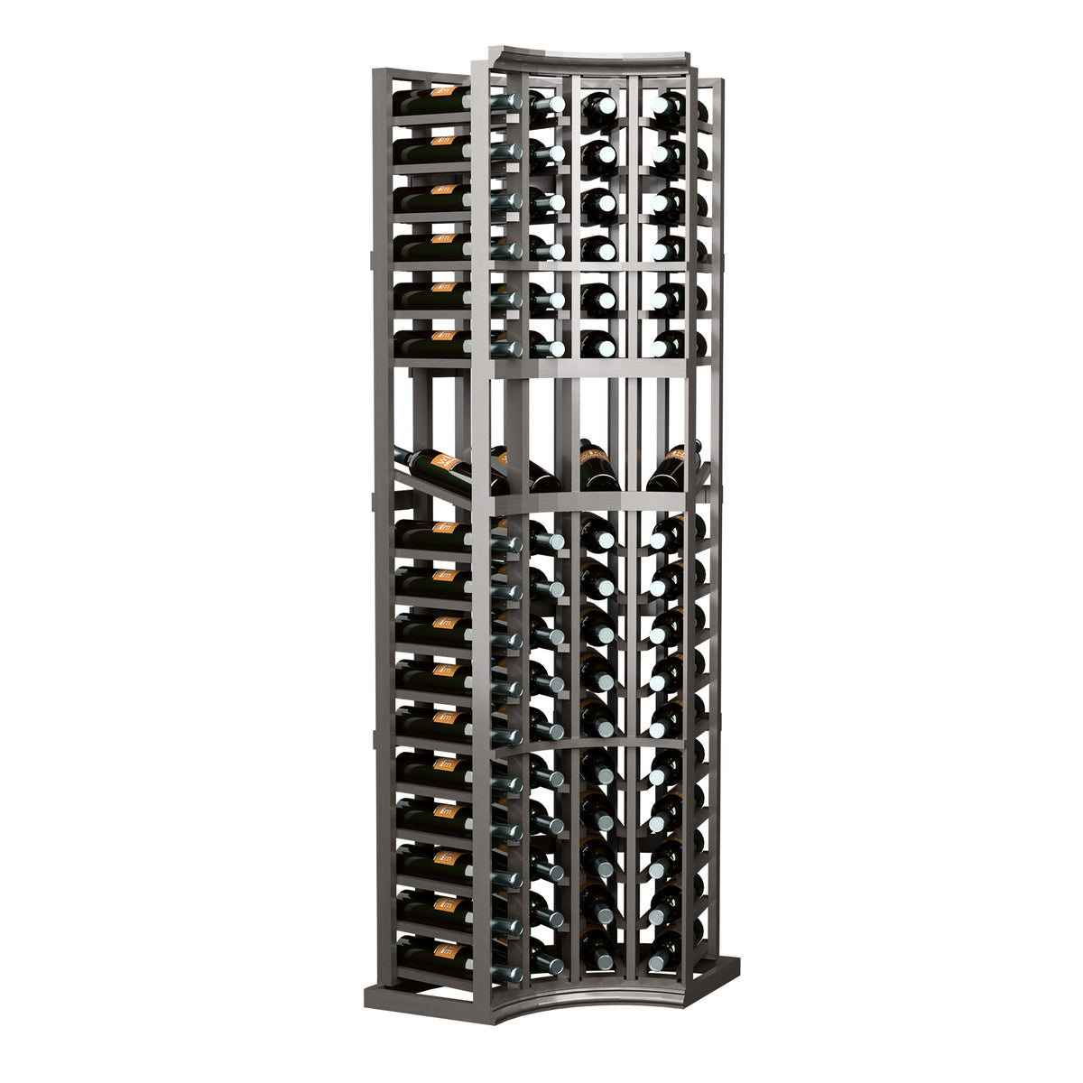 Curved corner wine display rack with bottle slots, dark gray frame