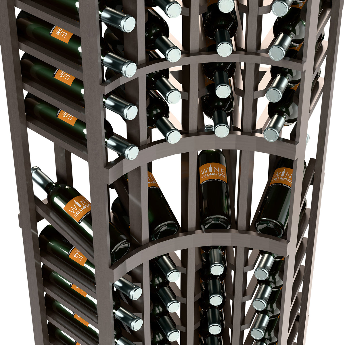 Curved corner wine rack close-up with wine bottles in angled holders, dark frame