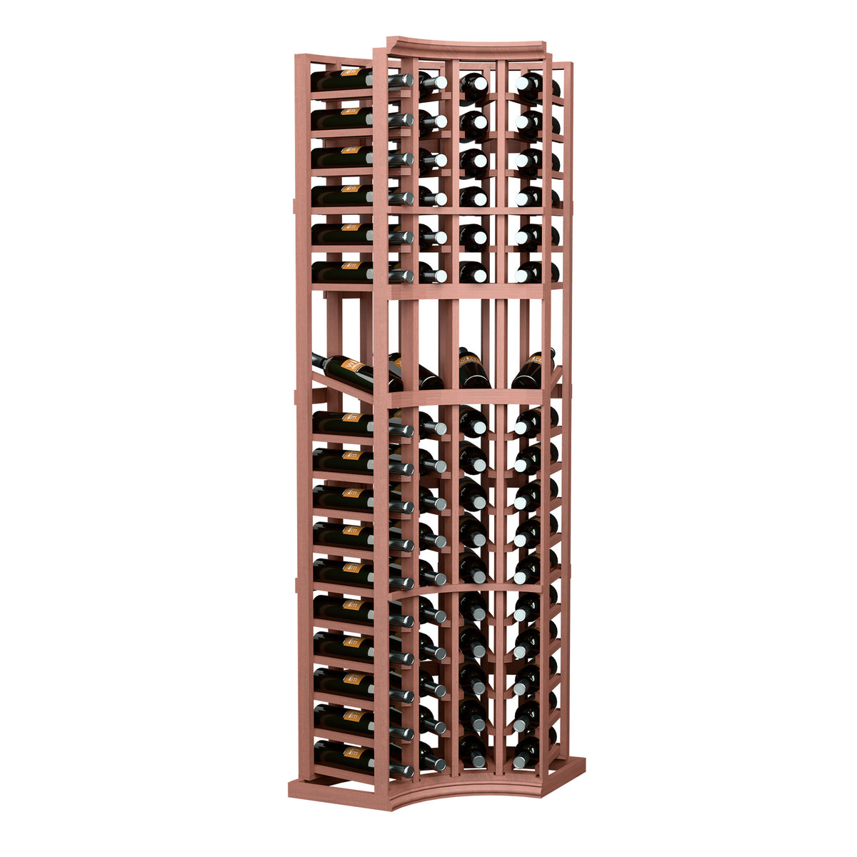 Curved corner wine display rack with vertical bottle slots, warm reddish wood frame