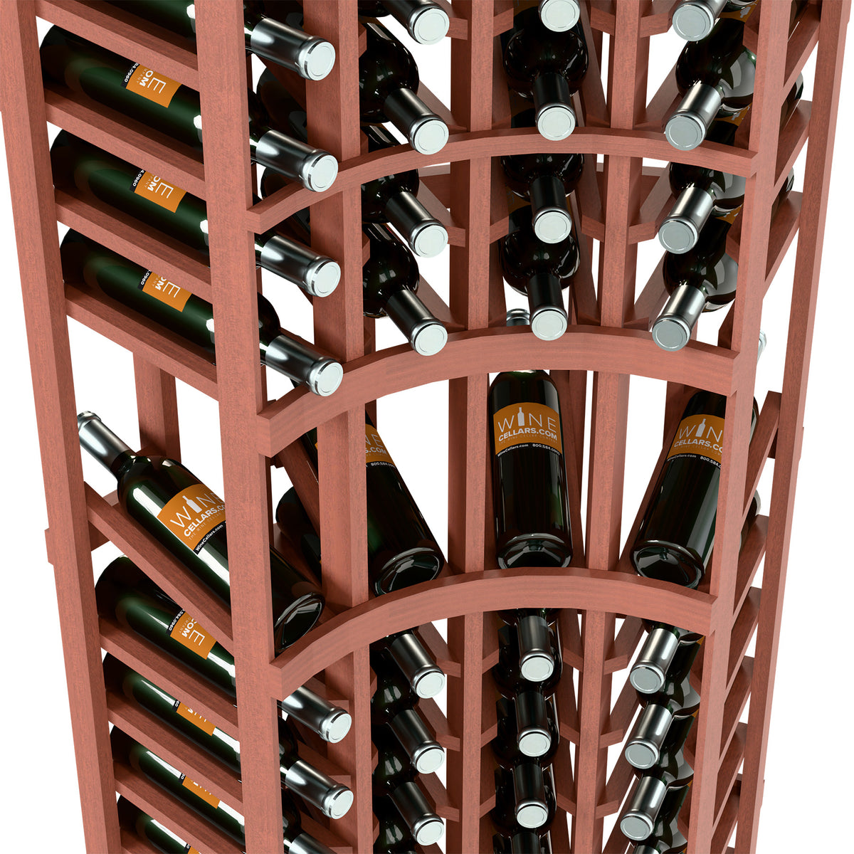 Curved corner wine rack close-up with bottles in angled holders, reddish wood frame