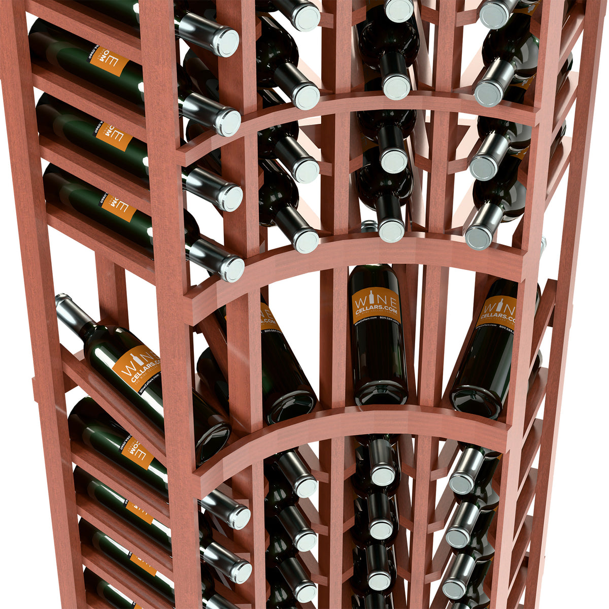 Curved corner wine rack close-up with bottle rows and circular dividers, reddish wood