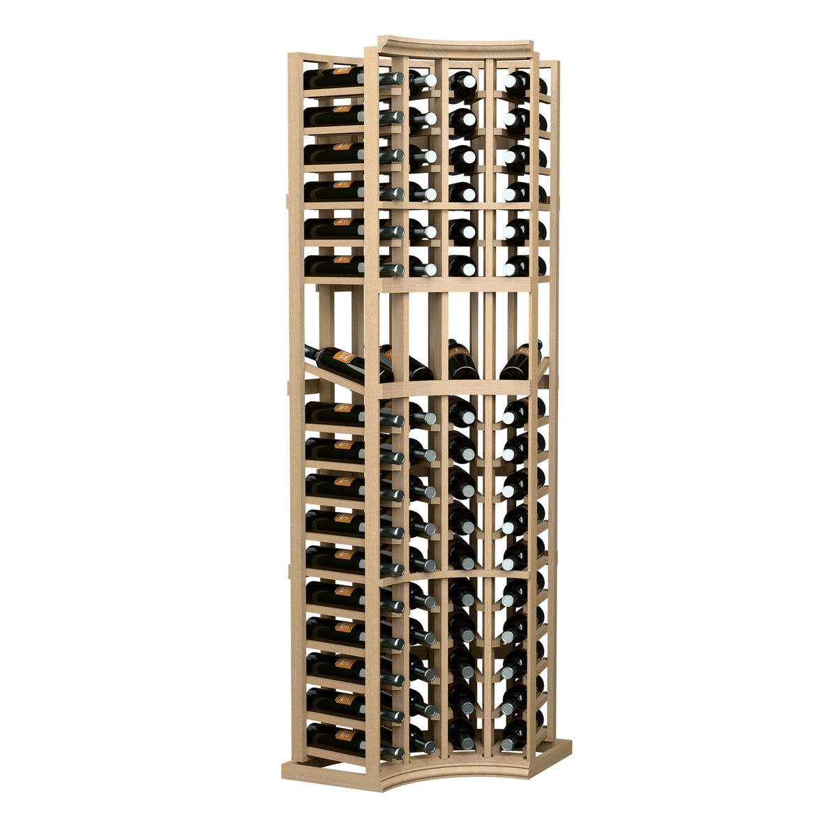 Curved corner wine display rack with vertical bottle slots, light natural wood frame