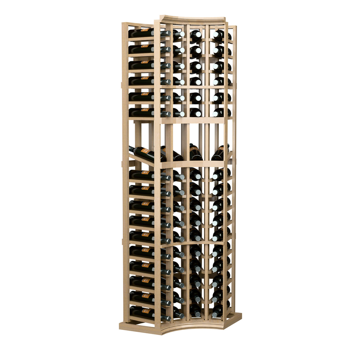 Wine bottle display rack with curved corner, open frame, holds multiple bottles upright.