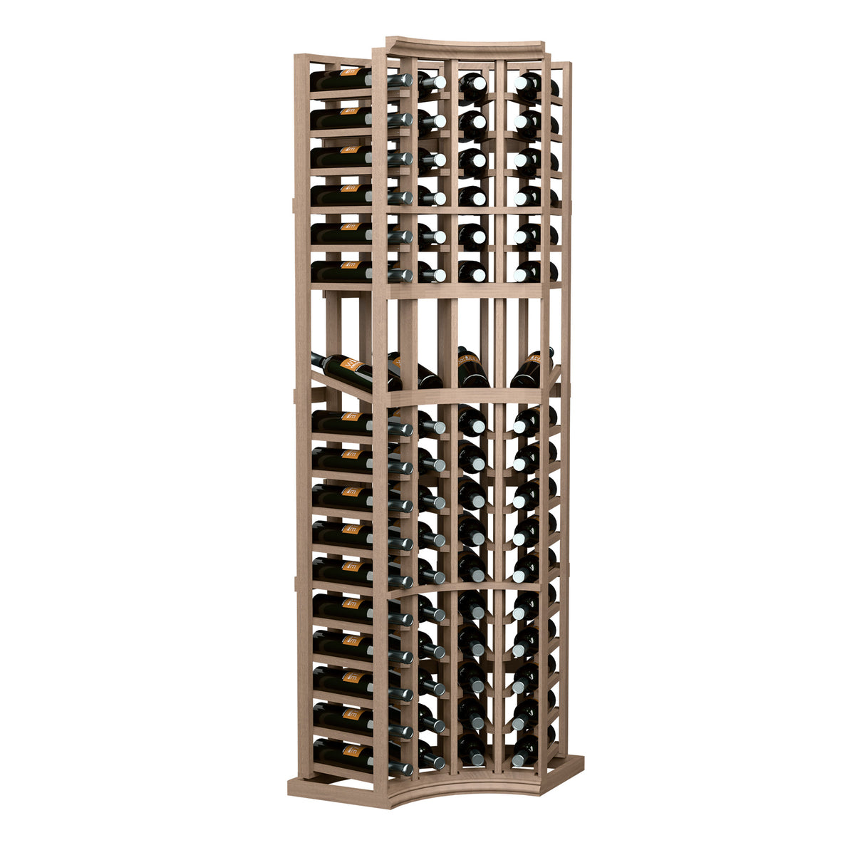 Wine bottle display rack with curved corner design and open bottle compartments on a tall frame.