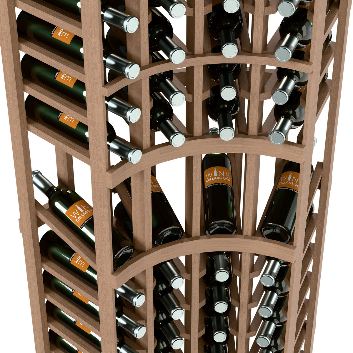 Close-up of wine rack shelves with upright bottles and circular bottle dividers on wooden frame.