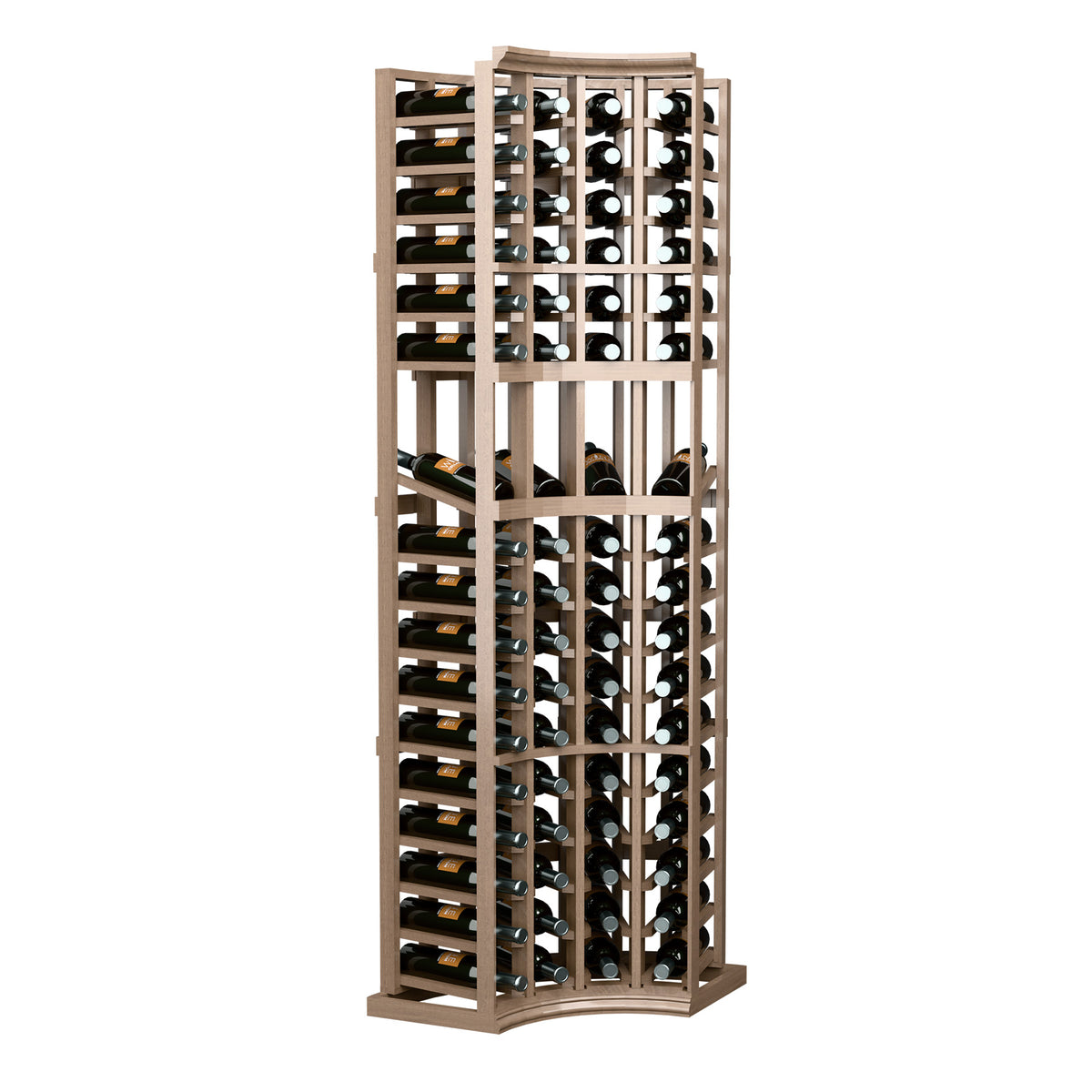Tall wine bottle display rack with curved corner and open lattice frame for storage.