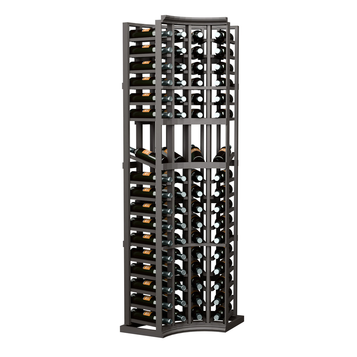 Wine bottle display rack with curved corner in dark finish, open lattice frame and upright bottle rows.