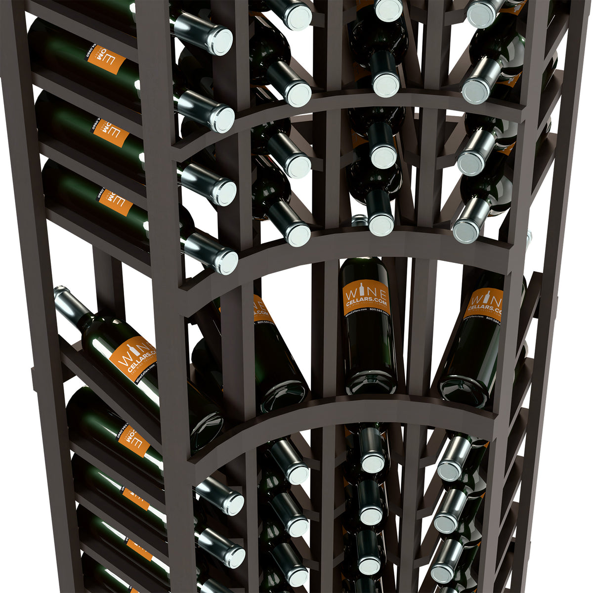 Close-up of dark wine rack showing upright bottles in slots with round bottle holders.