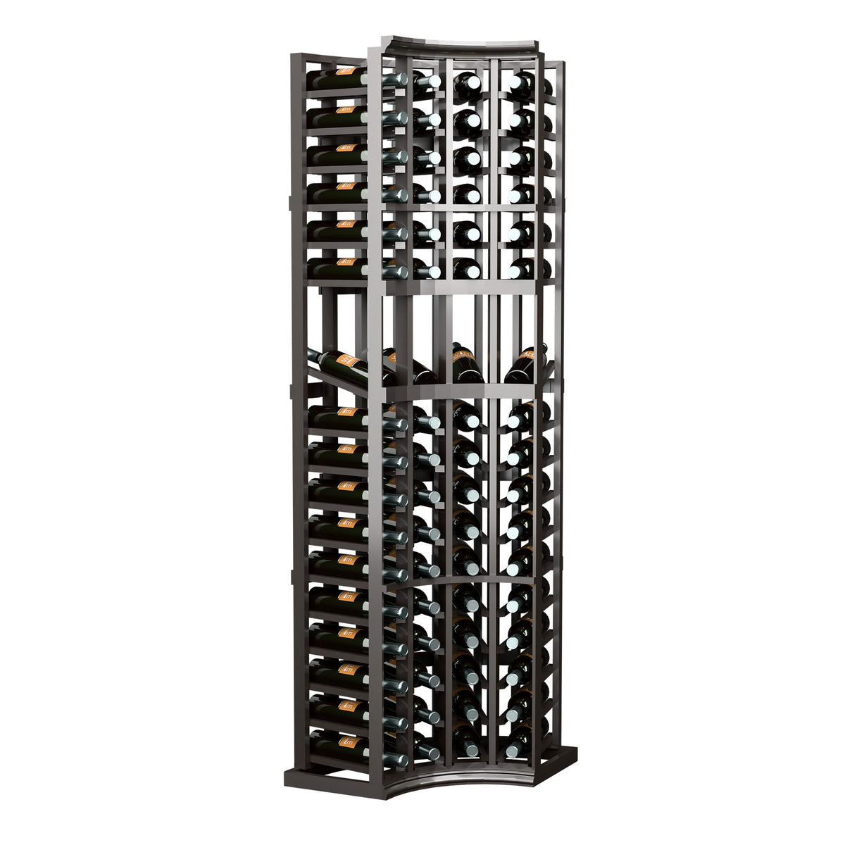 Dark-finish wine bottle display rack with curved corner and multiple open bottle compartments.
