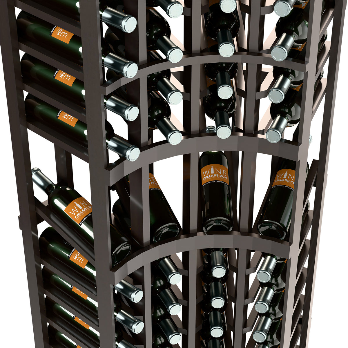Close-up of dark wine rack interior with rows of bottles and curved front bottle section.