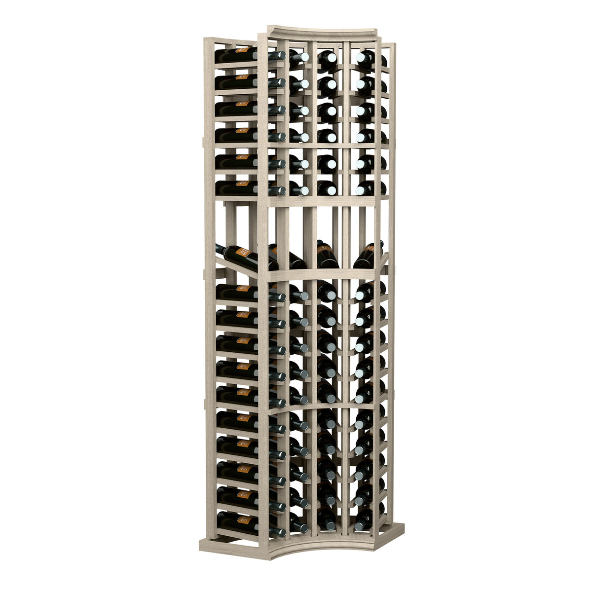 4-column wine bottle display rack with curved corner, light gray wood lattice