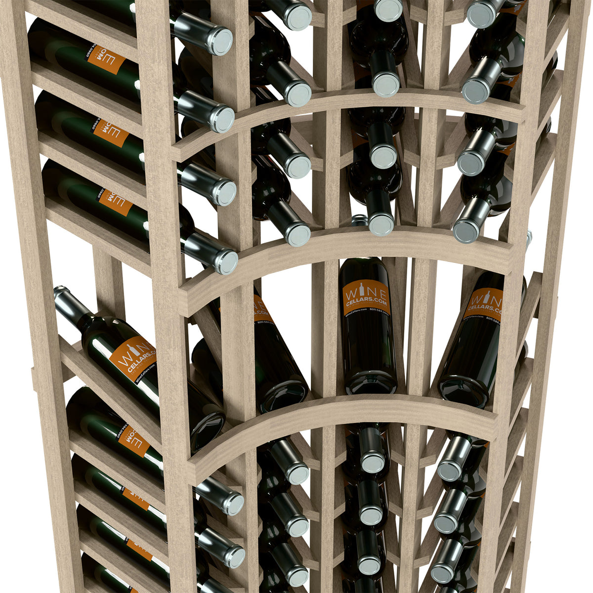 Wine bottle display rack interior with round bottle neck holders and wood crisscross frame