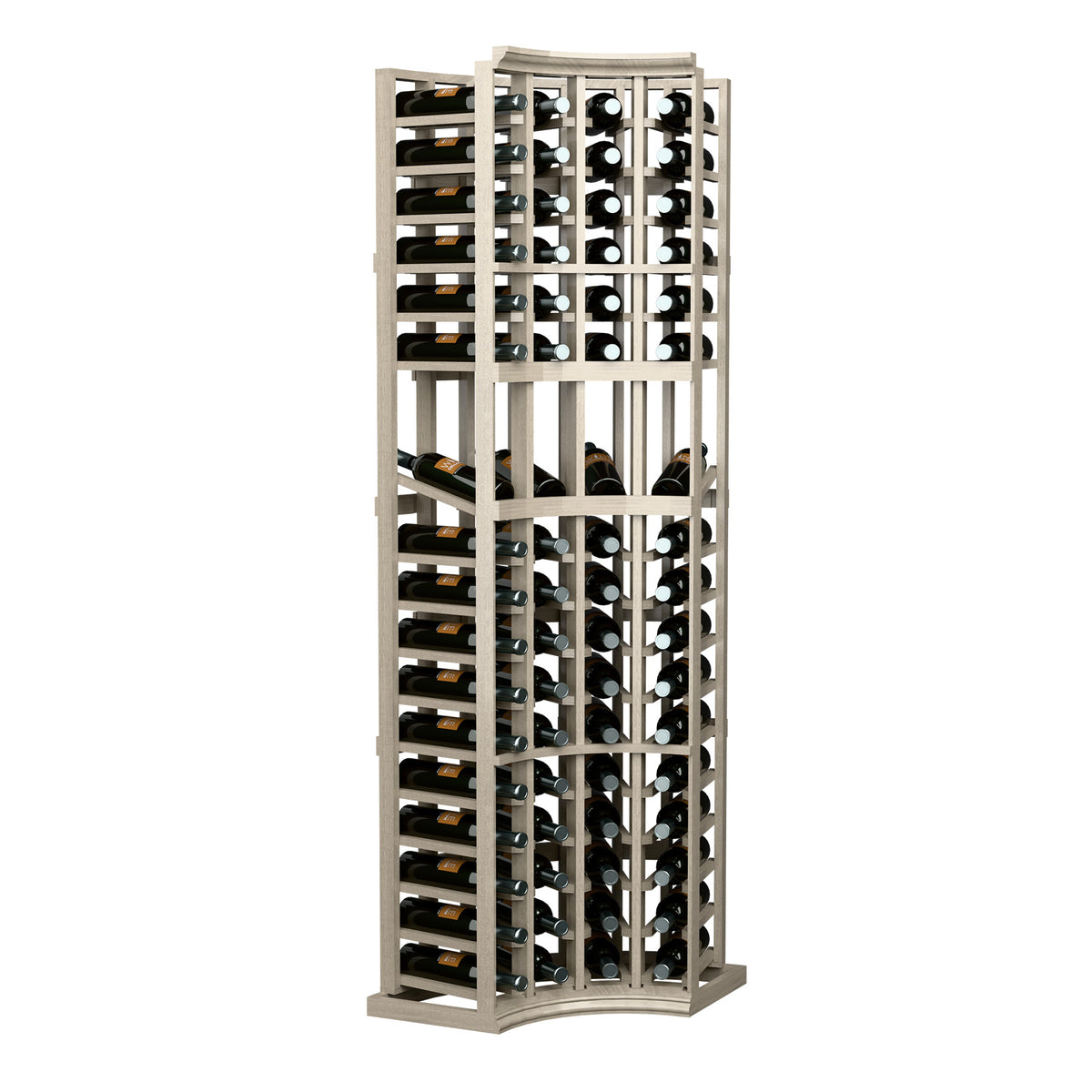 4-column wine bottle display rack with curved corner, light gray frame and bottle slots