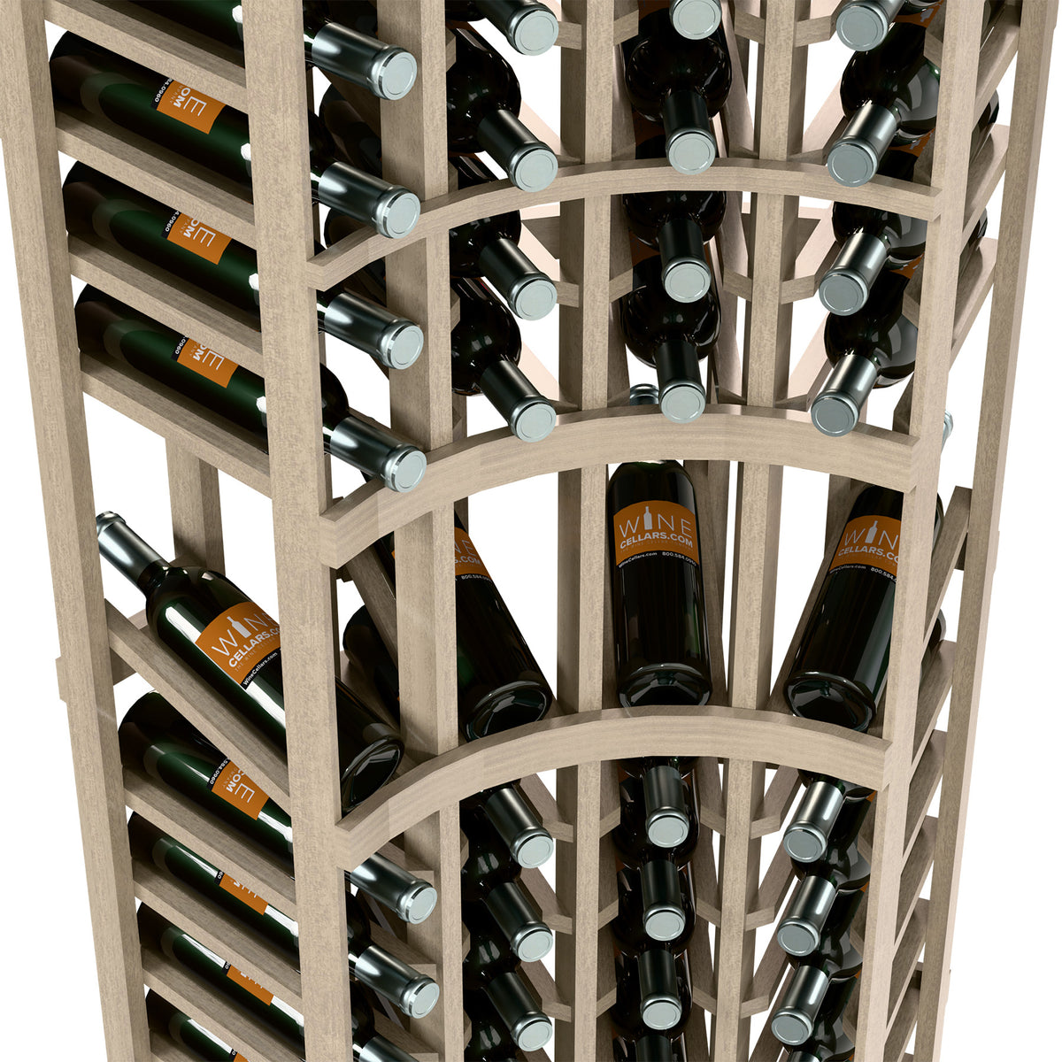 Wine bottle display rack with curved corner arch and bottle holders on wood lattice
