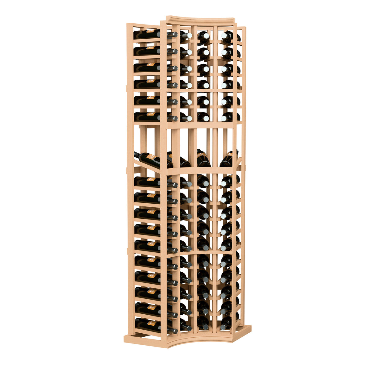 4-column wine bottle display rack with curved corner, light wood lattice frame