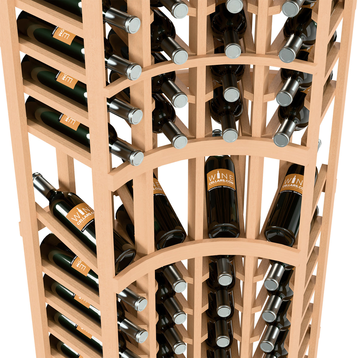 Wine bottle display rack interior with bottle neck cups and light wood grid shelves
