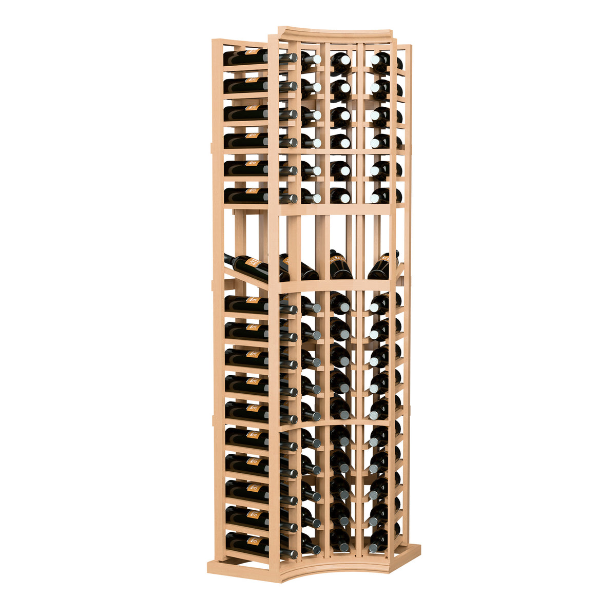 4-column wine bottle display rack with curved corner, light wood frame and bottle slots