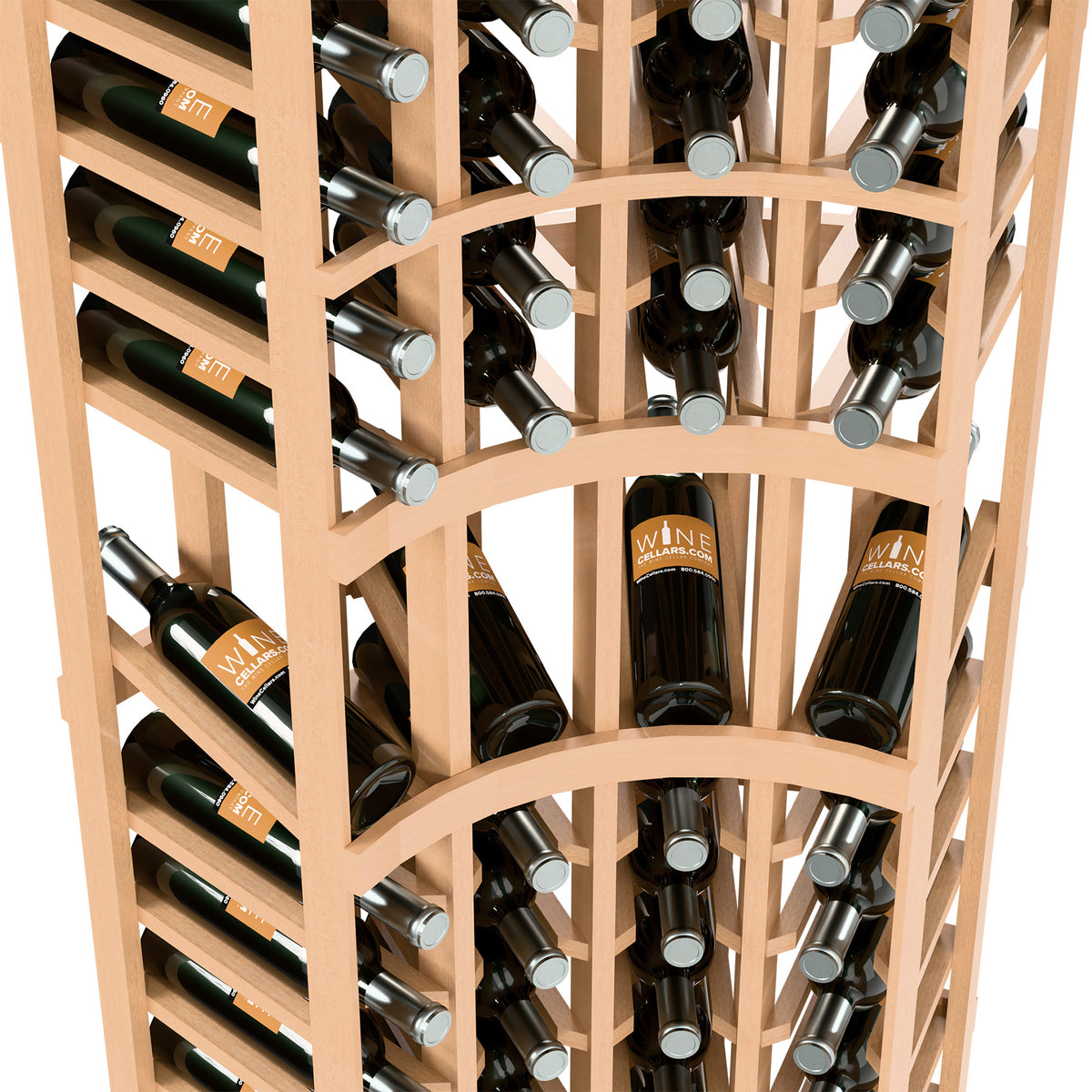 Wine bottle display rack with curved corner arch and bottle holders in light wood