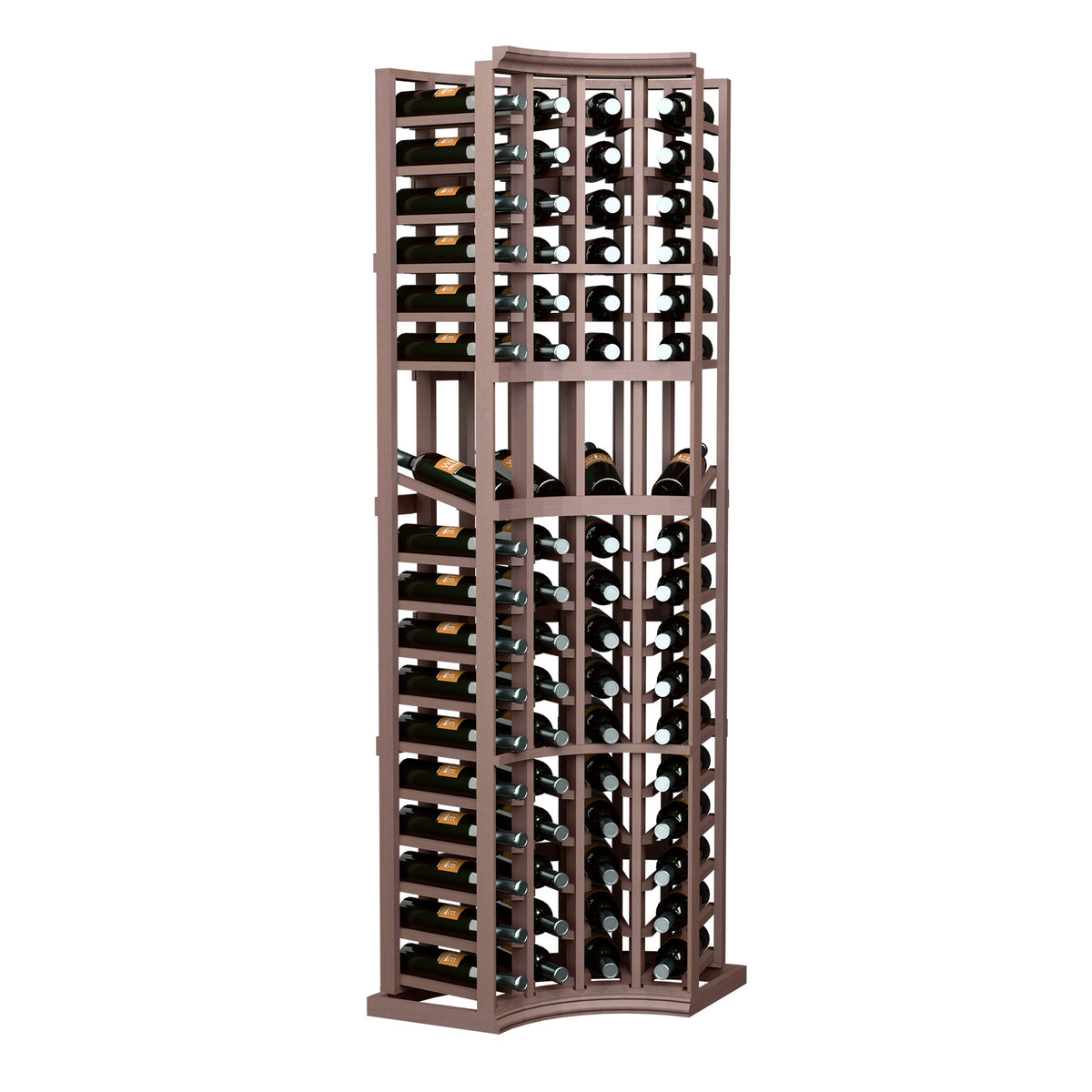 4-column wine bottle display rack with curved corner, dark wood lattice frame