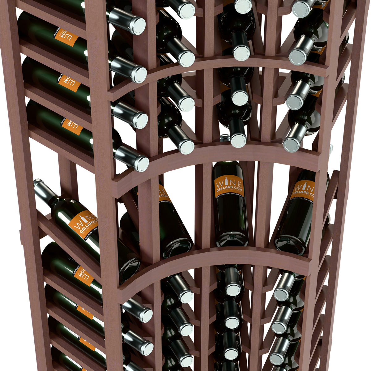 Wine bottle display rack interior with bottle neck cups and dark wood cross beams