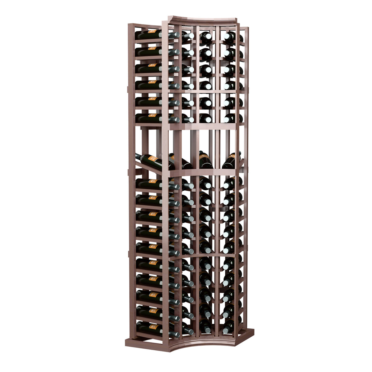 6ft curved corner wine display rack with four columns, dark wood, holds bottles