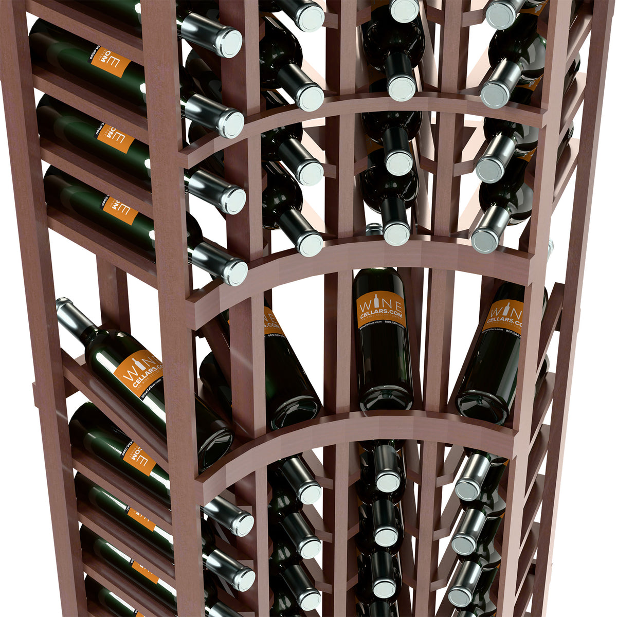 Close-up of dark wood wine rack showing angled bottle slots and silver neck holders
