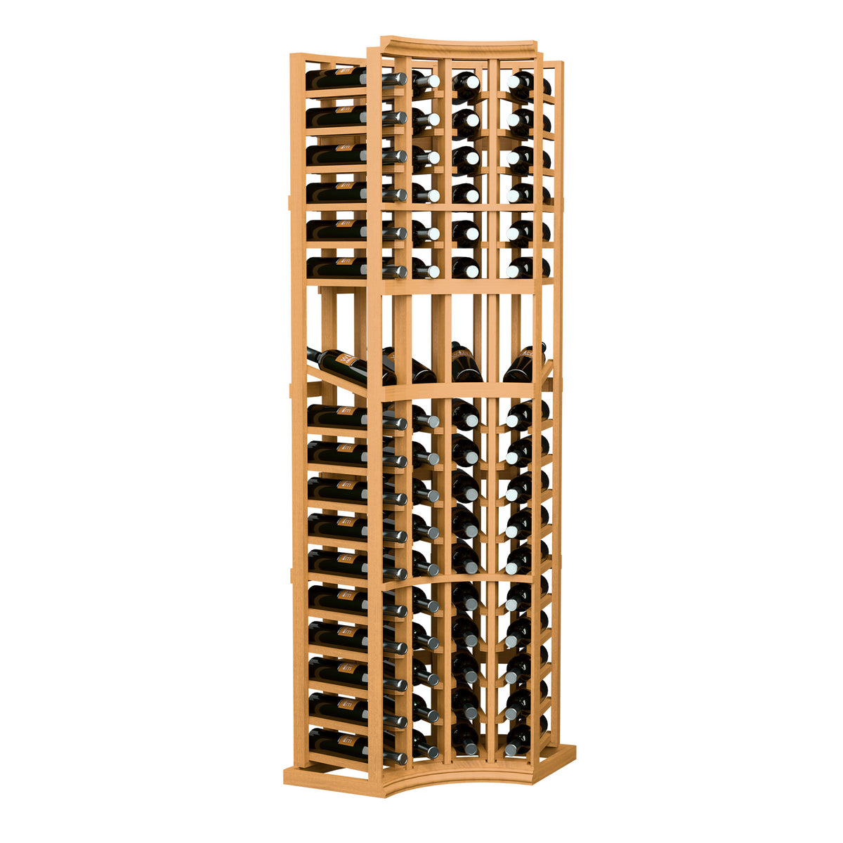 6ft curved corner wine display rack with four columns, light wood, holds bottles