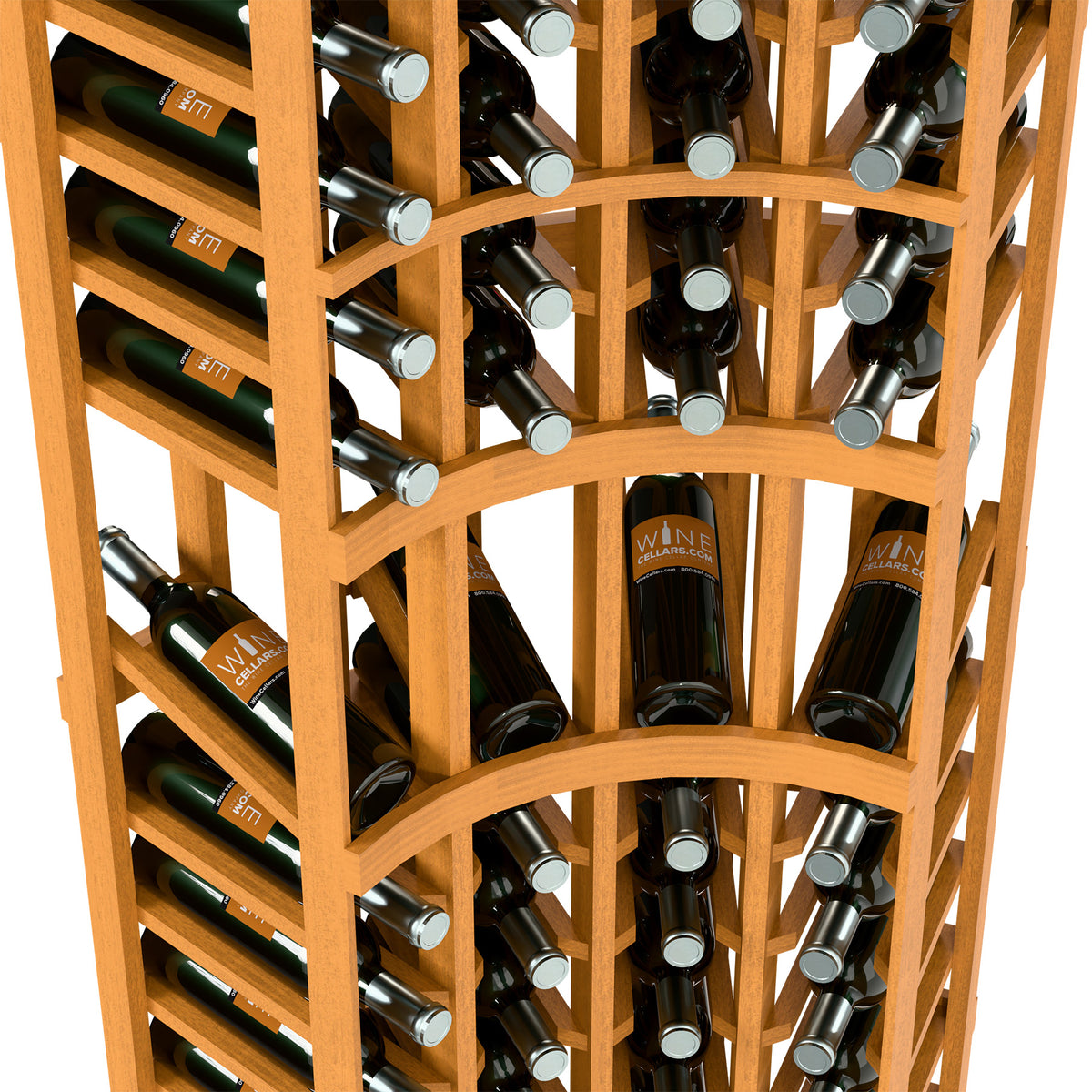 Close-up of light wood wine rack with curved front shelf and angled bottle slots