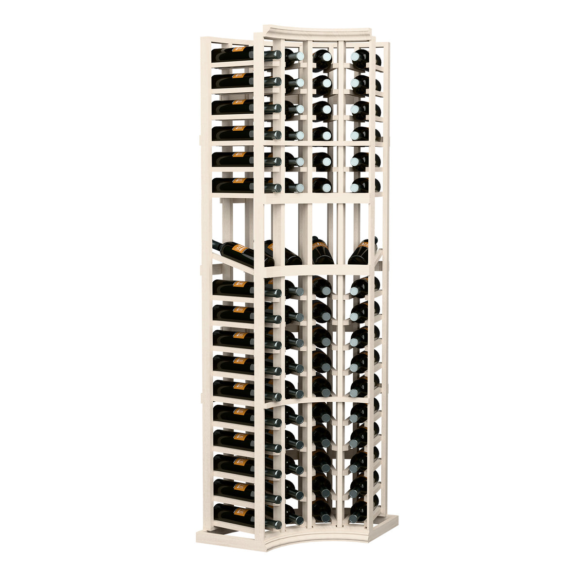 6ft curved corner wine display rack with four columns, whitewashed wood, holds bottles