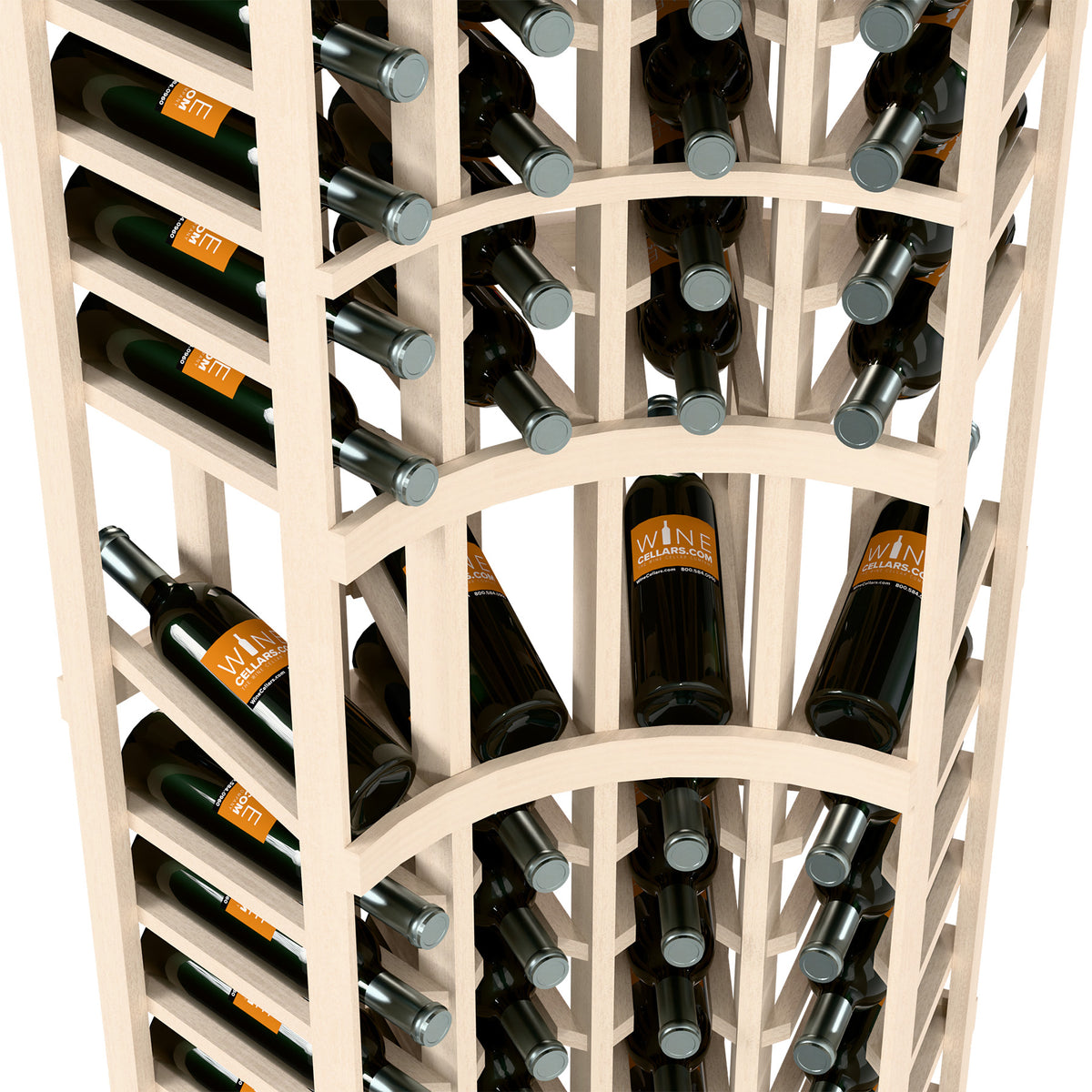 Close-up of whitewashed wood wine rack with curved front and bottle slots