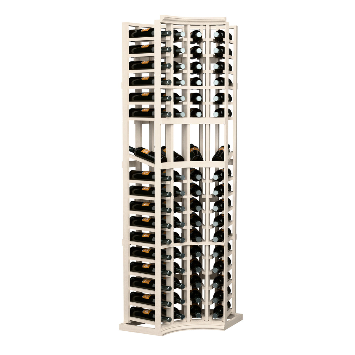 6ft curved corner wine display rack with four columns, white wood tone, bottle storage