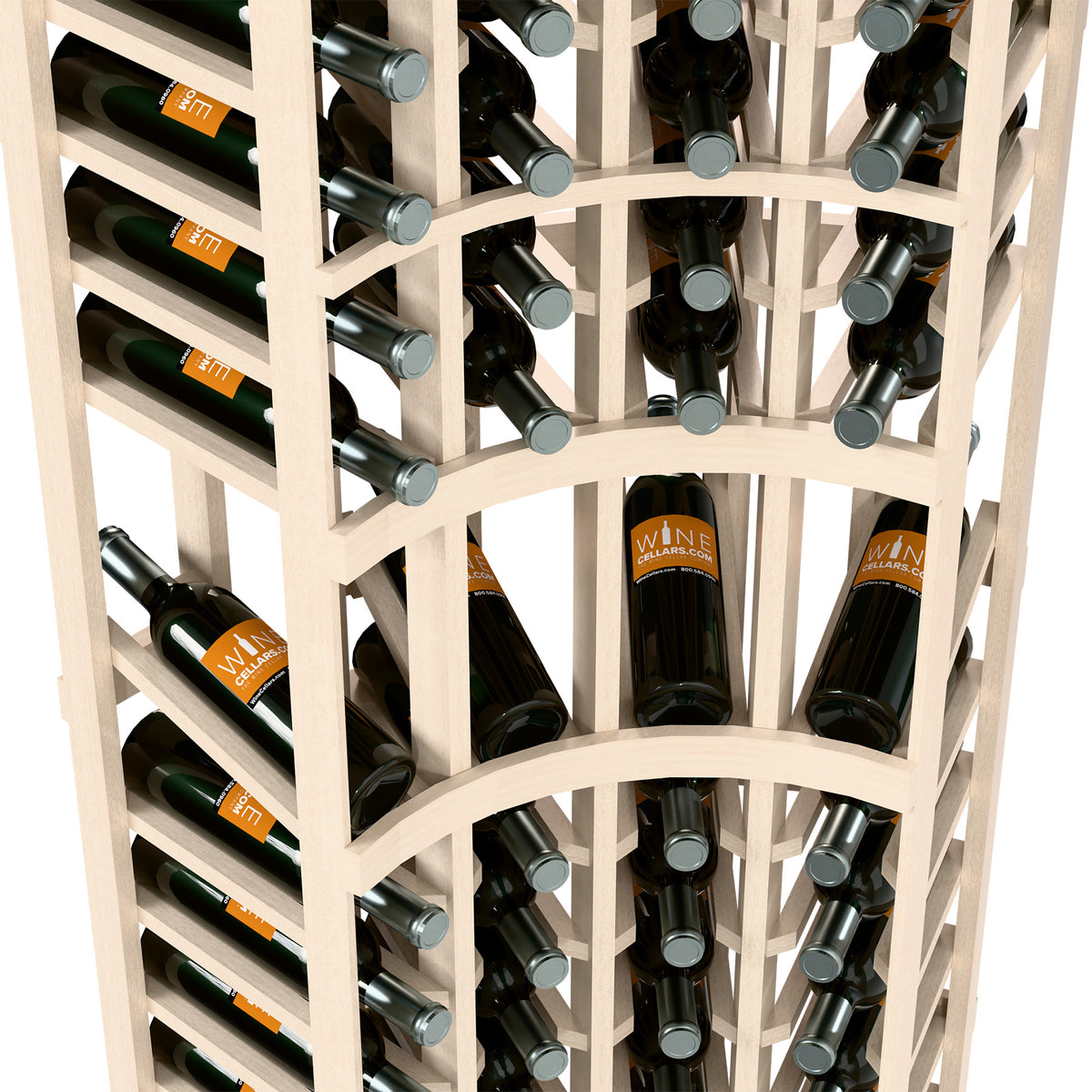 Close-up of whitewashed wine rack showing angled bottle compartments and metal holders