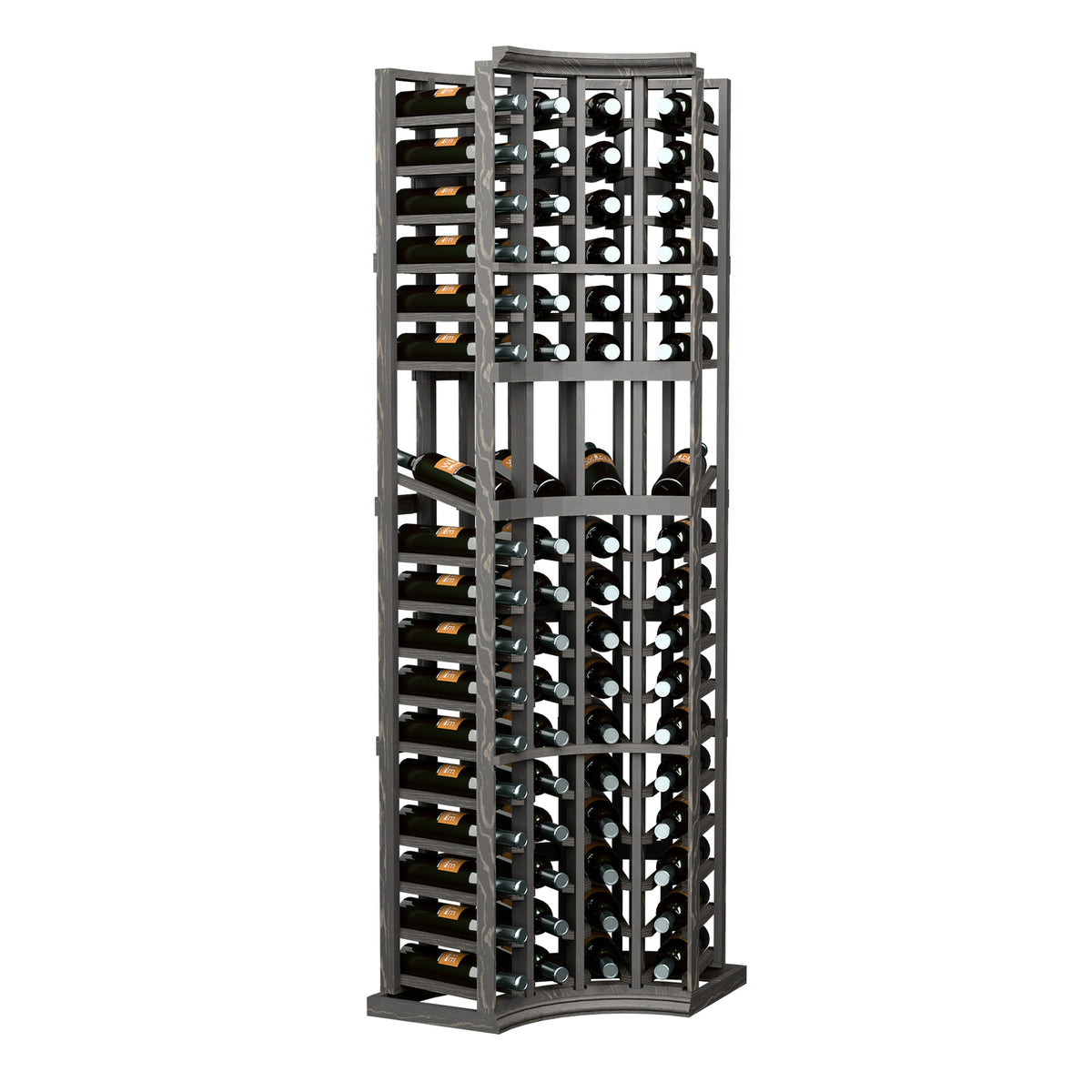 4-column curved corner wine display rack with dark gray wood frame and bottle slots