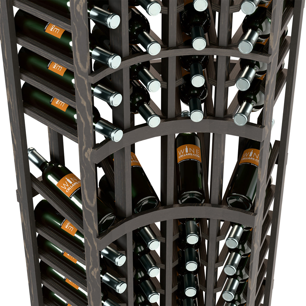 Curved corner wine rack interior with dark frame and rows of wine bottles with caps