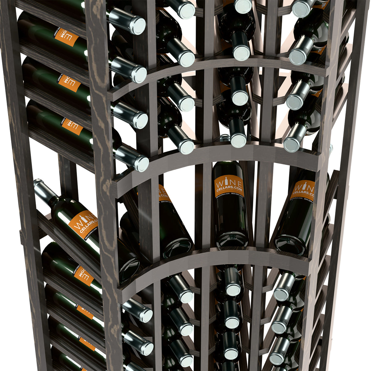 Curved corner wine rack with dark wood frame and multiple bottle rows with silver caps