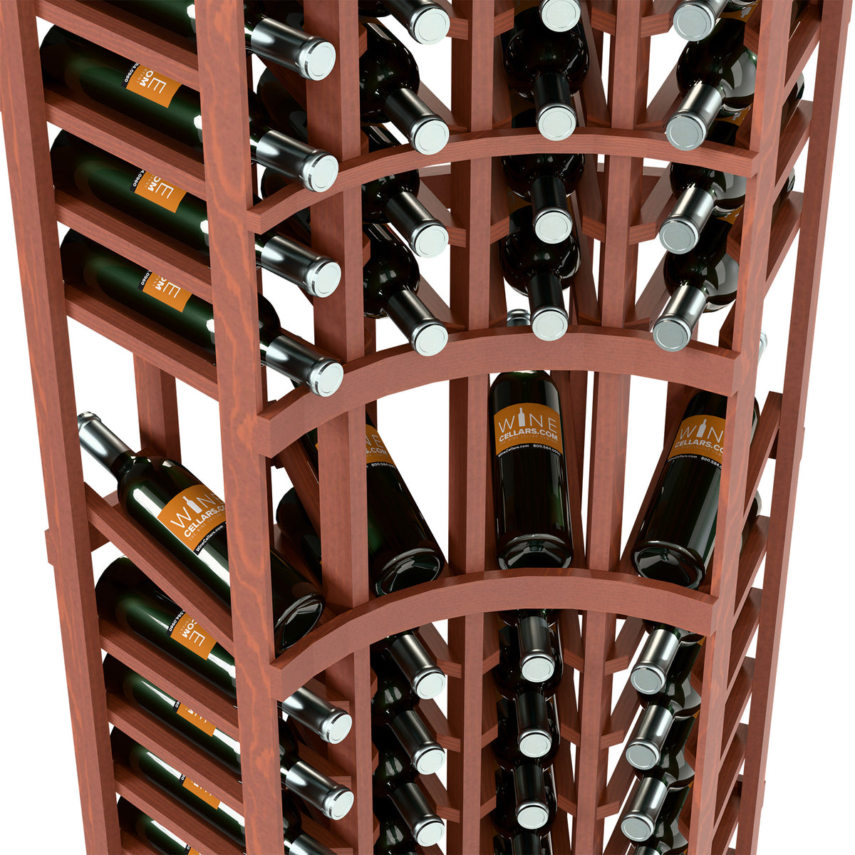 Curved corner wine rack interior with reddish-brown frame and rows of wine bottles