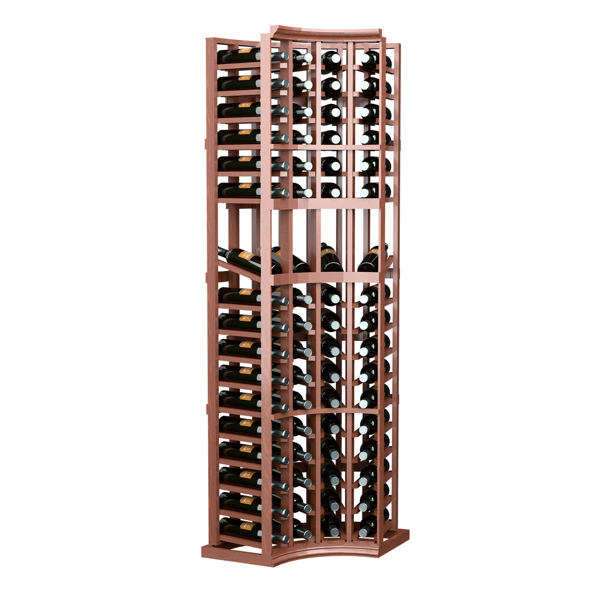 4-column curved corner wine display rack with reddish-brown wood frame and wine bottle holders