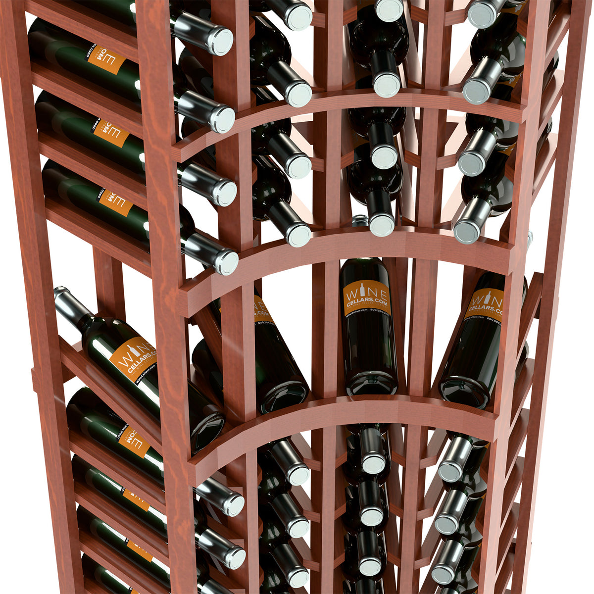 Curved corner wine rack with reddish-brown wood frame and bottle rows with silver caps