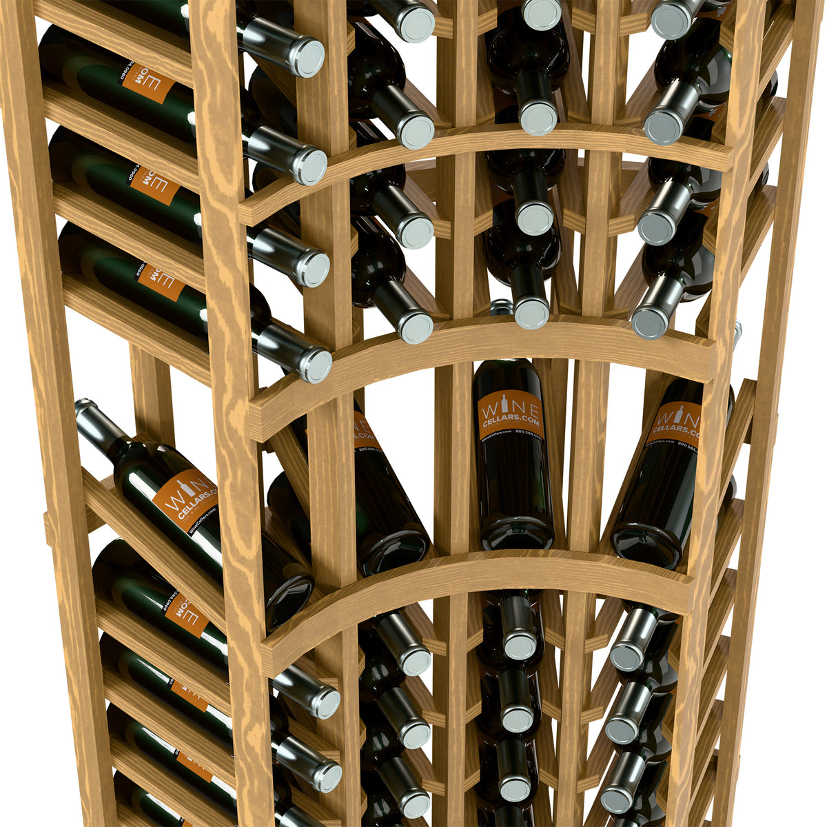 Light wood wine rack angled close-up with bottle bays and metal neck holders