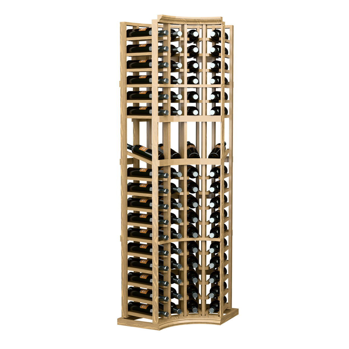 Light wood 4-column wine display rack with curved corner frames and open bottle bays