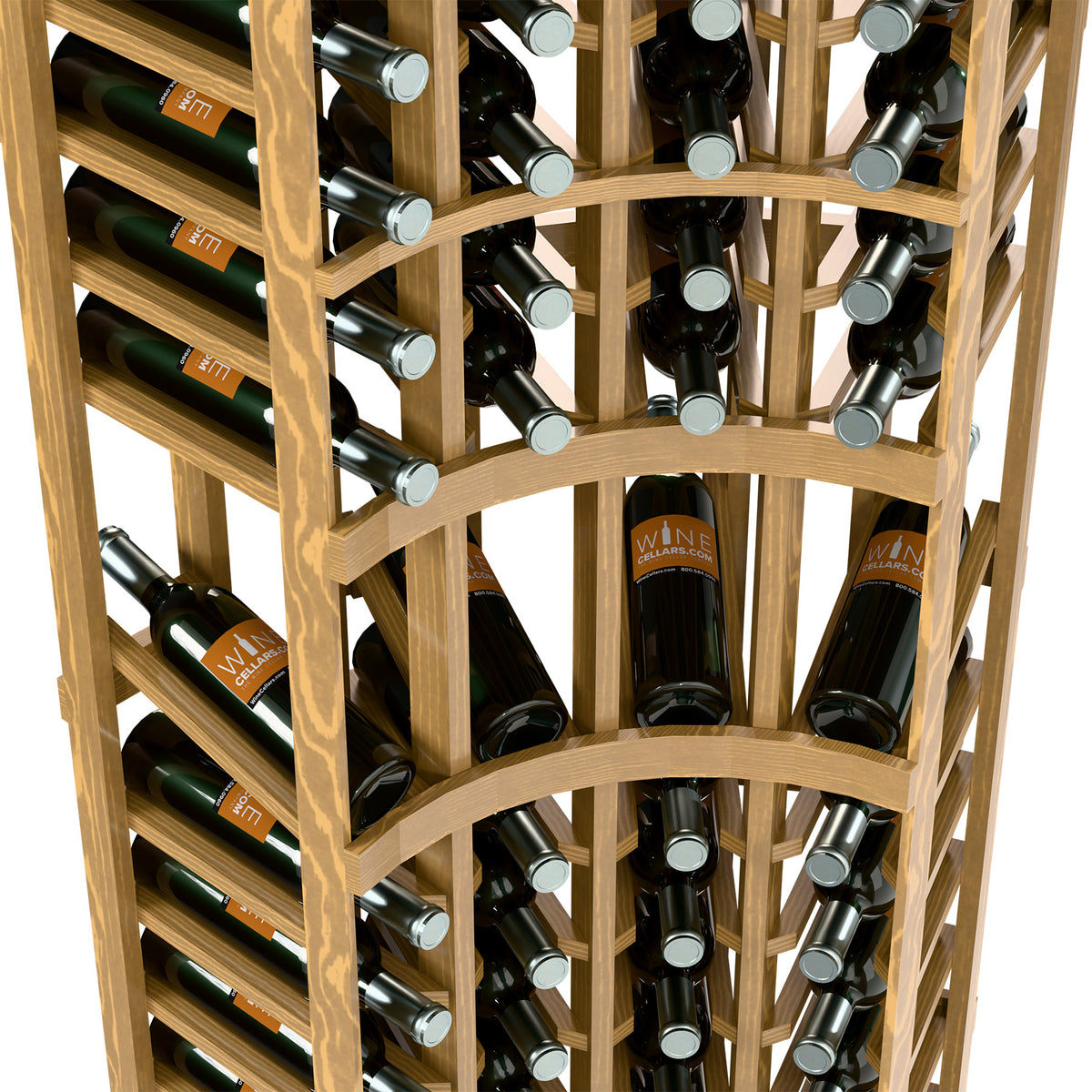 Light wood wine rack close-up showing bottles in multiple rows with metal neck pegs